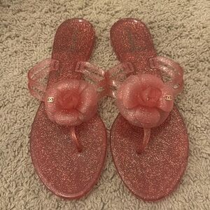 Chanel Camellia Pink Glitter Flip Flops Size 41